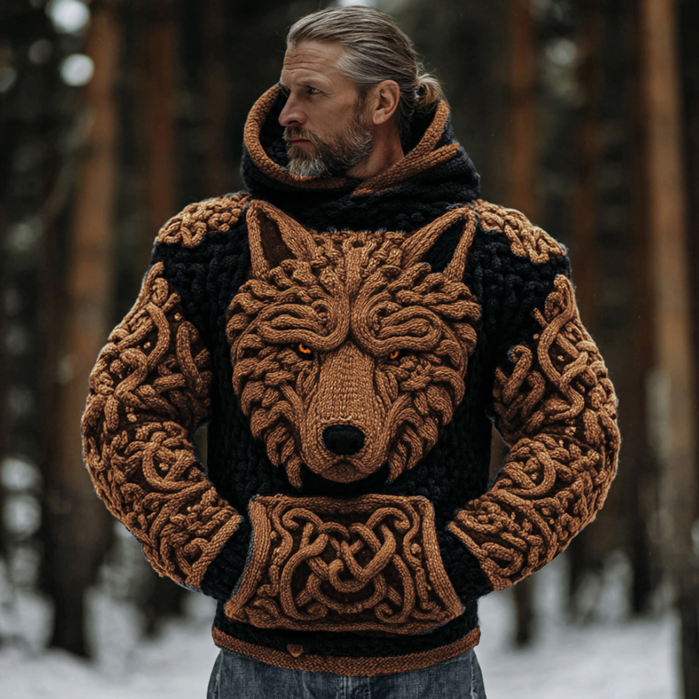 Men's Viking Celtic Knot Wolf Head Embroidered Thick Warm Hooded Sweater