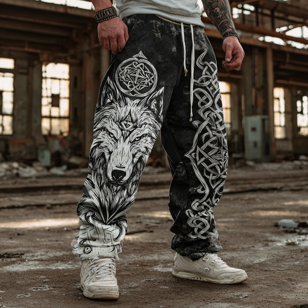 Men's Retro Viking Style Wolf Head Print Casual Sports Long Pants