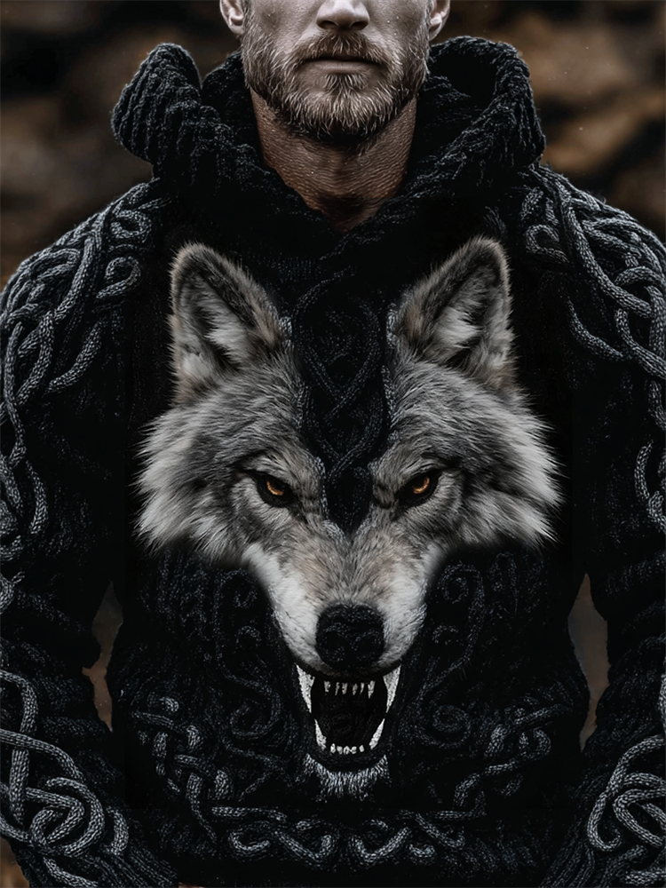 Men's Viking Wolf Celtic Knot Cozy Chunky Hooded Sweater