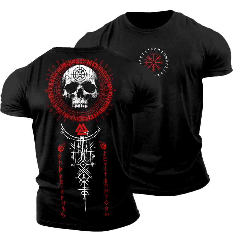 Vegvisir Viking Skull Runes Graphics Cotton T-shirt