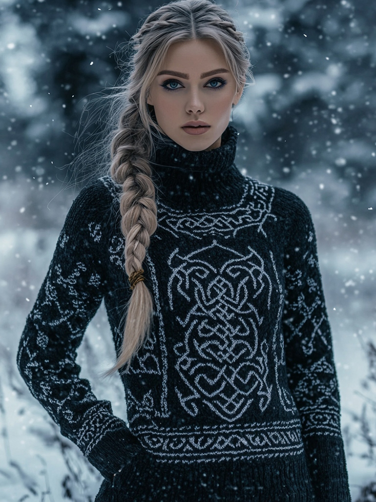 Viking Dragon Pattern Cozy Turtleneck Knit Sweater