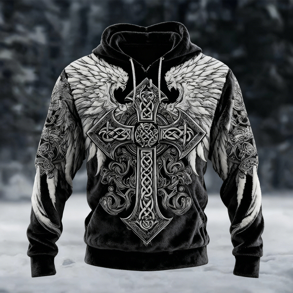 Men's Celtic Cross With Wings Pattern Viking Cozy Plush Hoodie