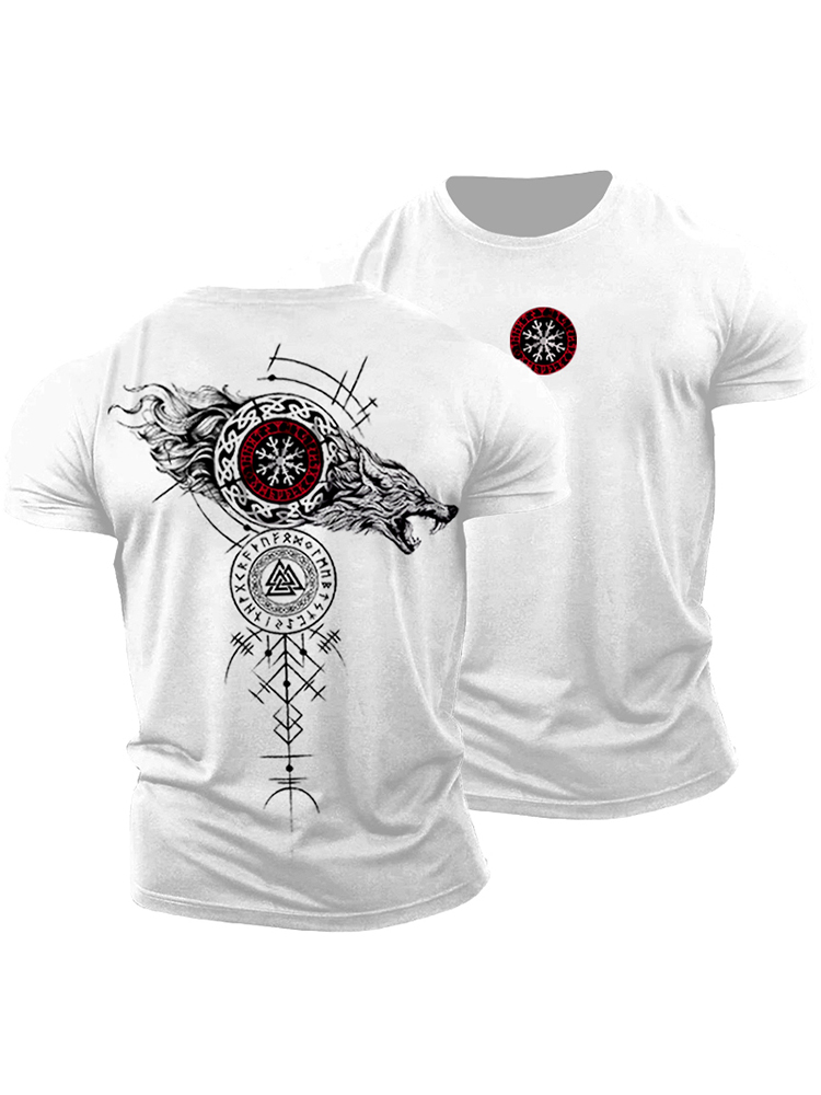 Vegvisir Wolf Runes Graphics Cotton T-shirt