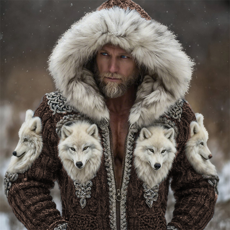 Men's Viking Fuzzy Wolf Celtic Cozy Fur Trim Hooded Cardigan