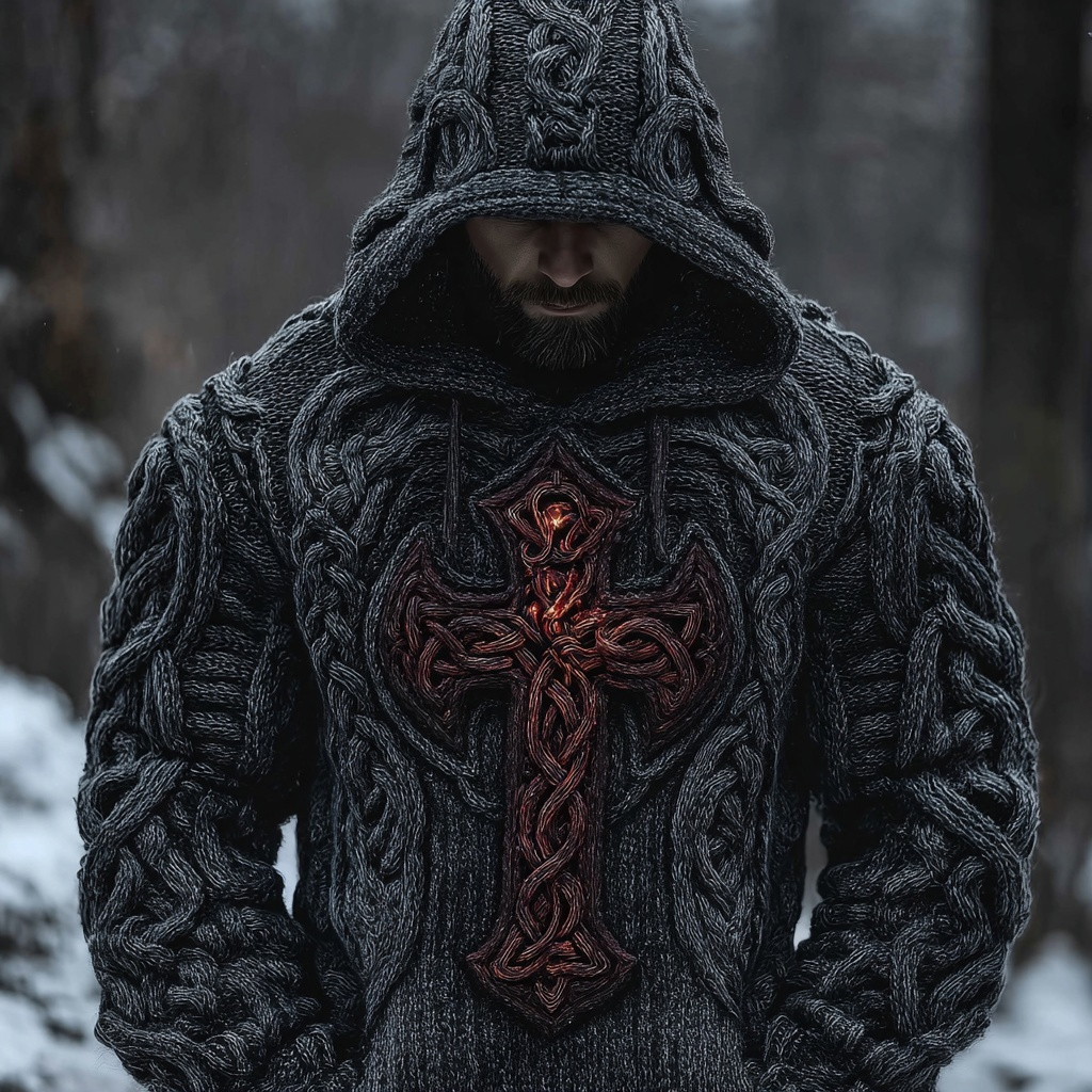 Men's Vintage Cross Celtic Jacquard Chunky Hooded Sweater