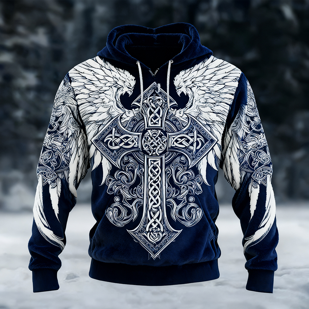 Men's Celtic Cross With Wings Pattern Viking Cozy Plush Hoodie