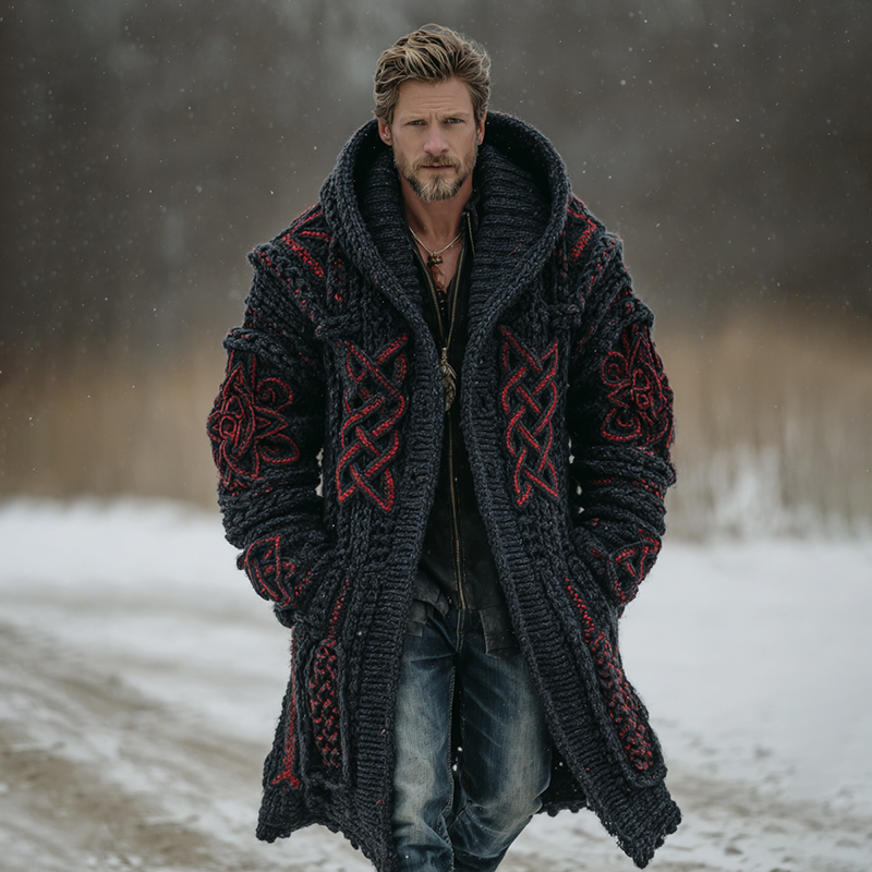 Men's Viking Style Celtic Knot Pocket Midi Cardigan Sweater