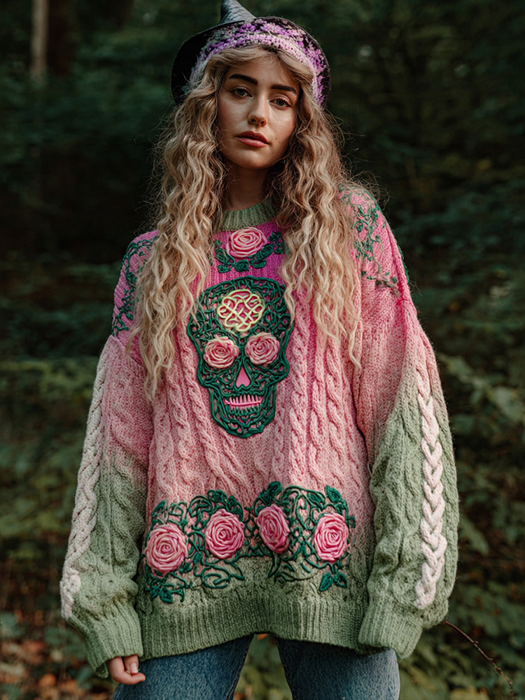 Women's Viking Tribal Jacquard Celtic With Rose And Skull Inspired Chunky Knit Round Neck Sweater