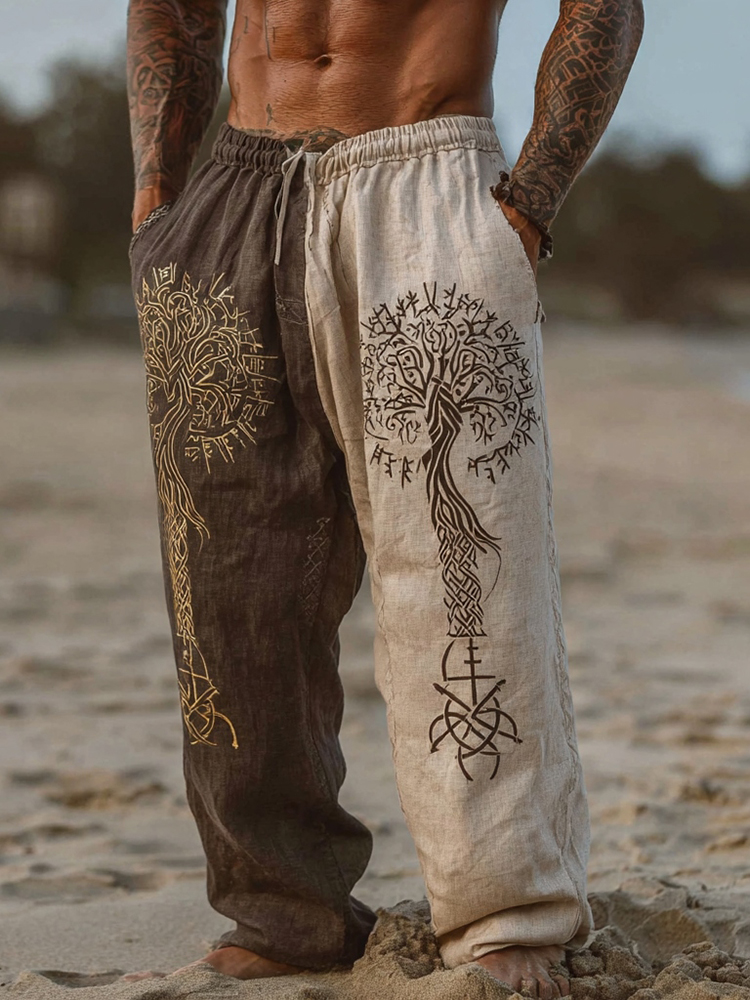 Men's Vintage Two-tone Viking Tree Of Life Inspired Bohemian Summer Casual Pants