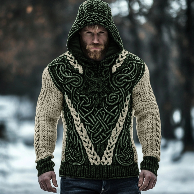 Men's Viking Wolf Inspired Celtic Chunky Hooded Sweater