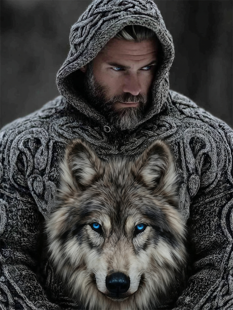 Men's Fuzzt Wolf Head Viking Celtic Chunky Hooded Sweater