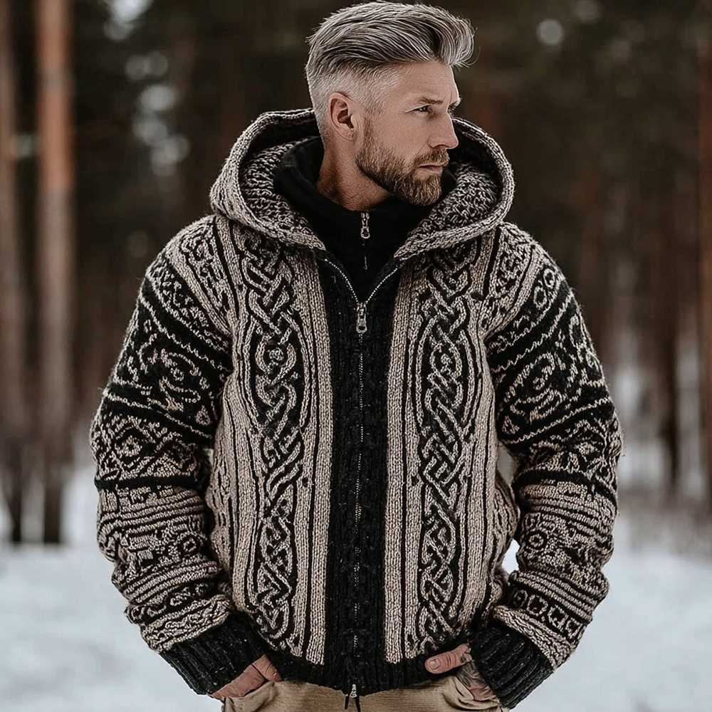 Men's Vintage Viking Inspired Celtic Full Zip Cozy Knit Hoodie
