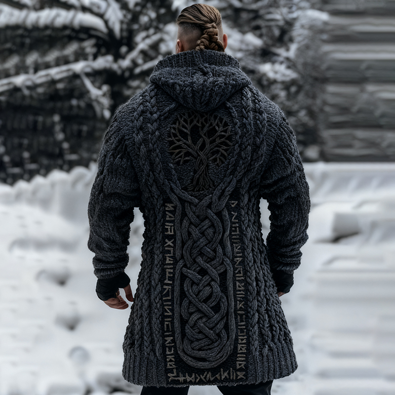 Men's Viking Tribal Jacquard Celtic With Tree Of Life Inspired Chunky Knit Zipped Hooded Sweater