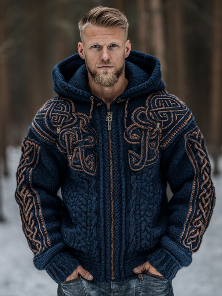 Men's Vintage Viking Celtic Knot Art Chunky Knit Hooded Zip-up Sweater