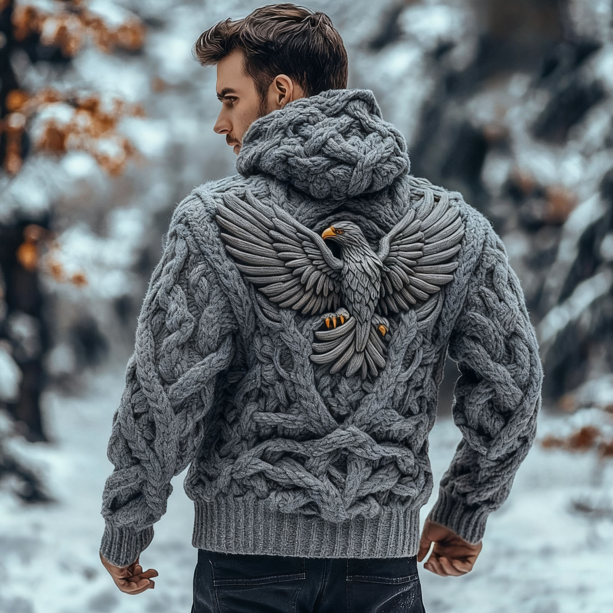 Men's Viking Tribal Eagle Celtic Chunky Knit Hooded Sweater