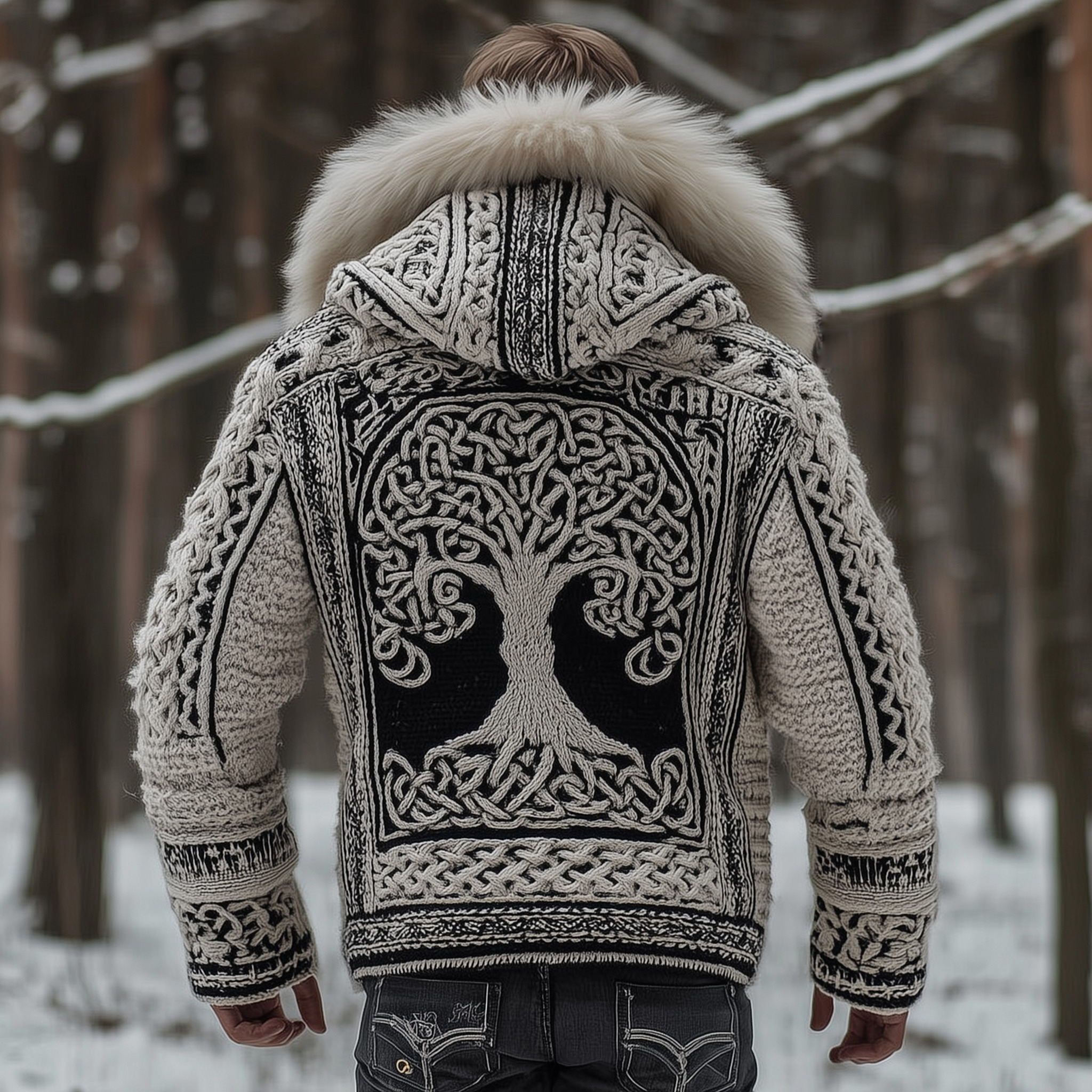 Men's Viking Vintage Celtic Tree Of Life Art Cozy Fuzzy Hooded Knitted Jacket