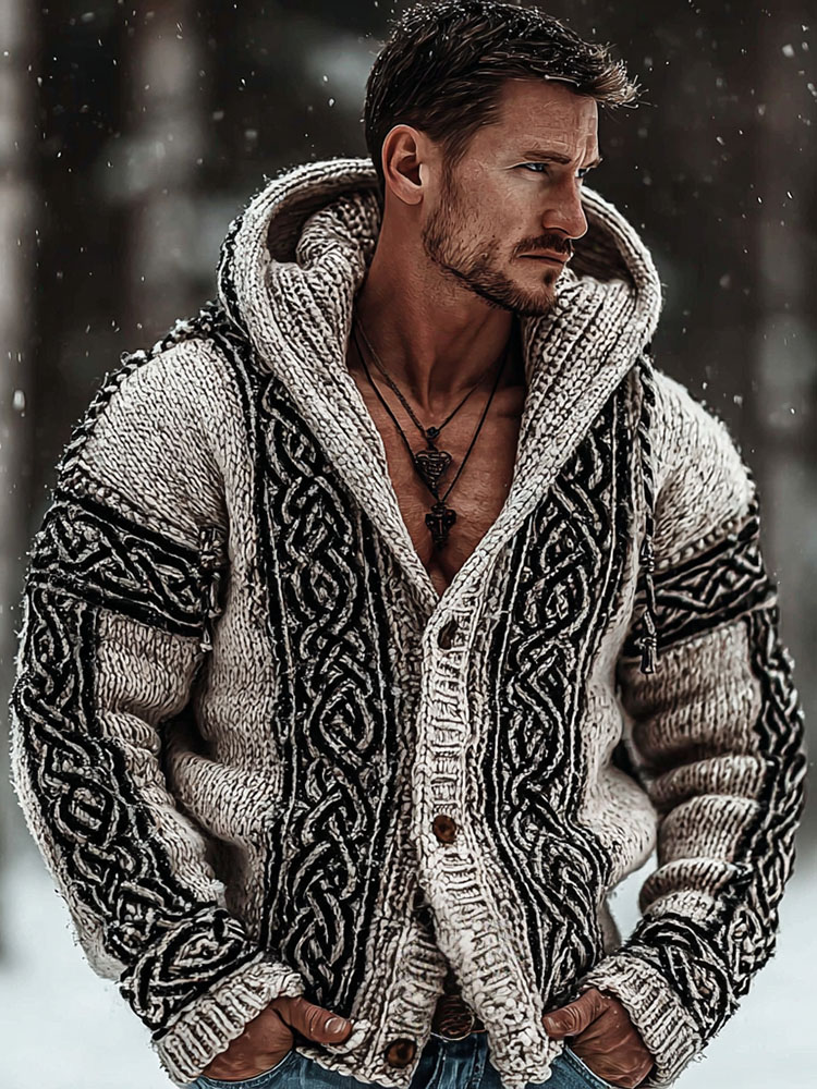 Men's Viking Celtic Knot Pattern Hooded Knit Cardigan