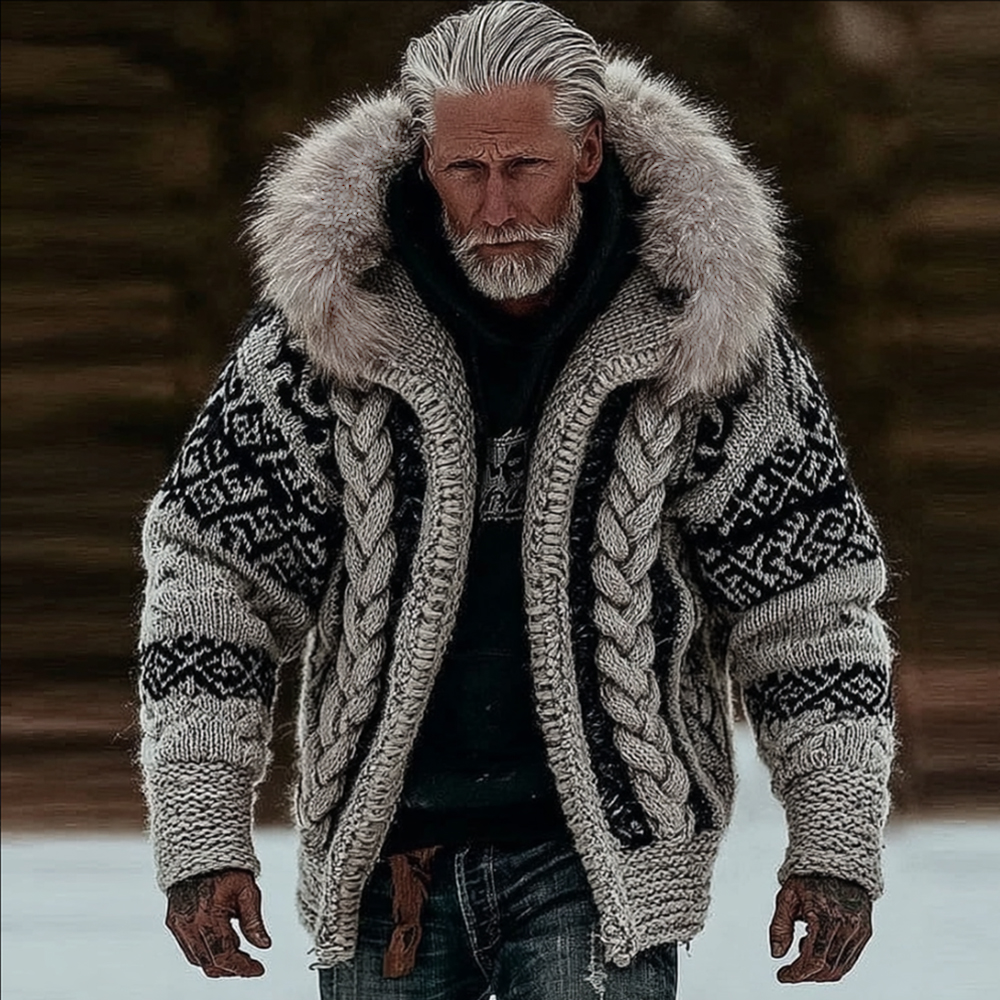 Men's Viking Style Celtic Knot Thick Needle Fur Collar Knitted Hooded Cardigan Jacket