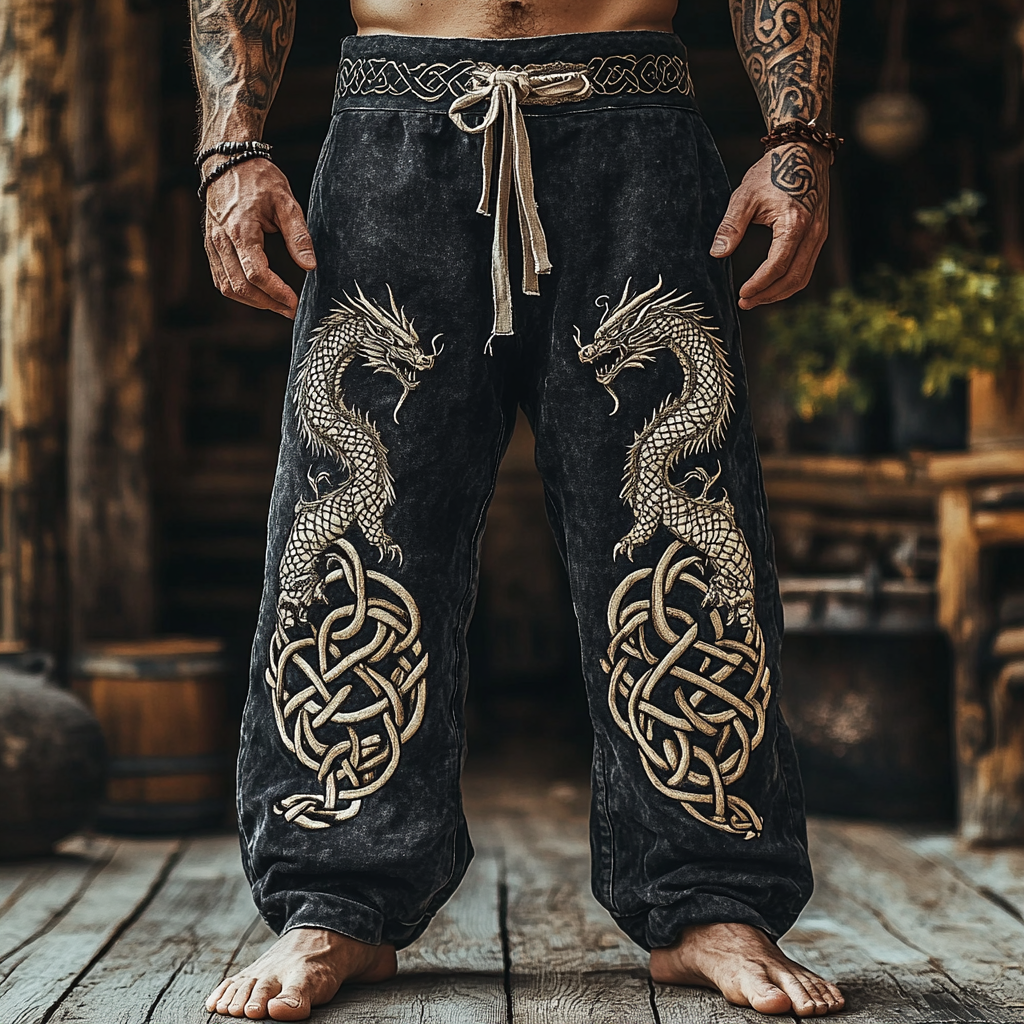 Men's Retro Viking Tribal Dragon Celtic Knot Art Linen Pants