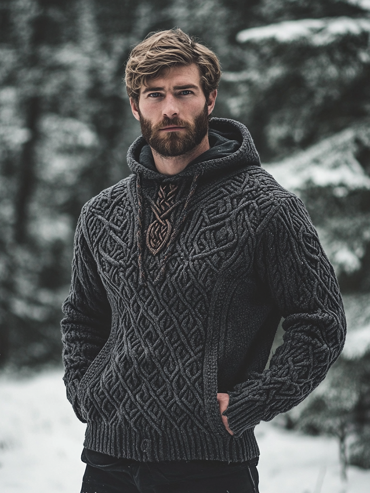 Men's Vintage Viking Inspired Celtic Jacquard Hooded Sweater
