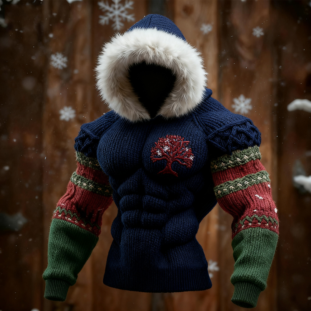 Men's Christmas Viking Tree Of Life Cozy Knit Hooded Sweater