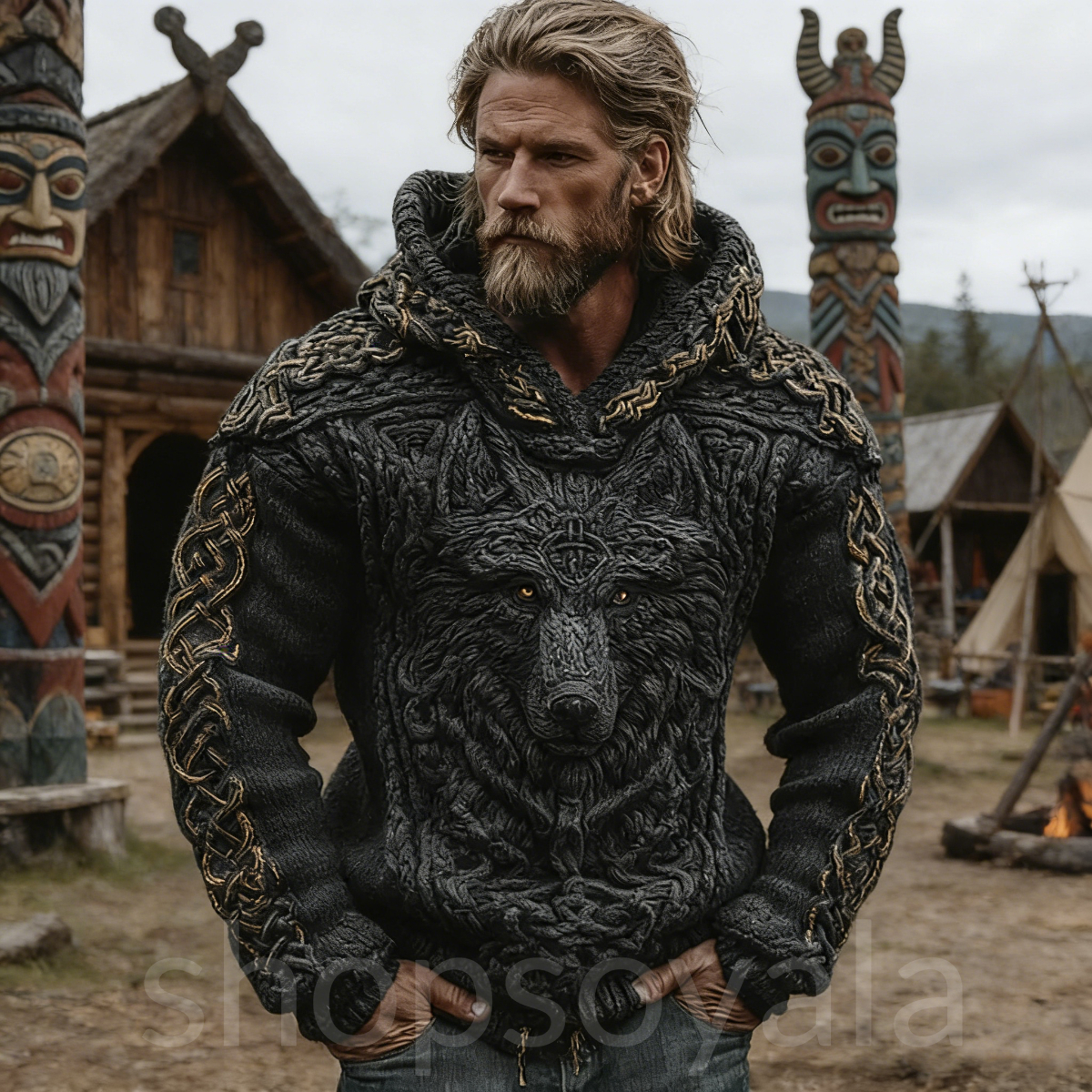 Men's Viking Wolf Celtic Knot Jacquard Knitted Hooded Sweater