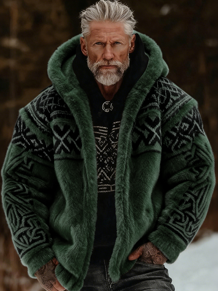 Men's Viking Celtic Art Plush Cozy Warm Zipped Hooded Jacket