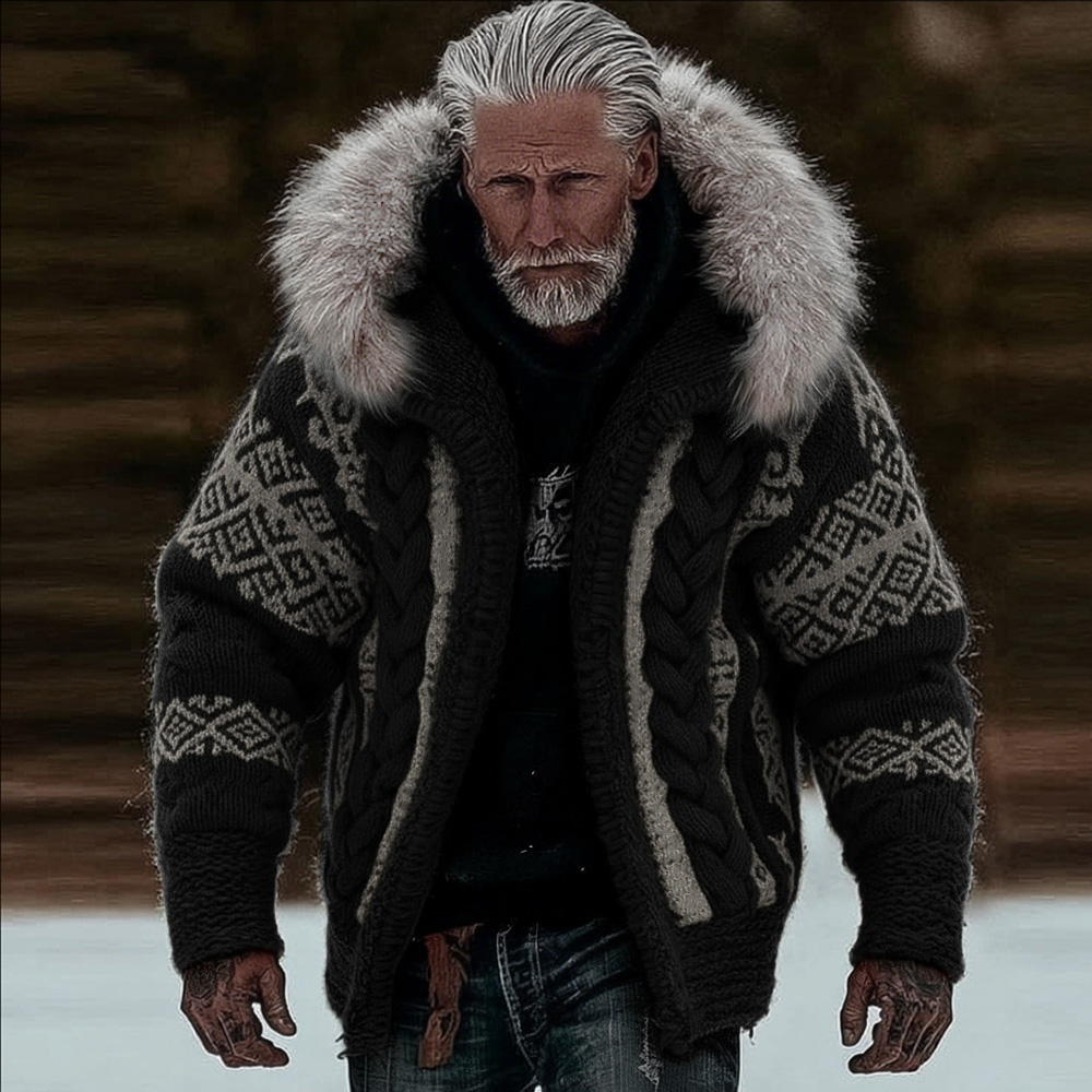 Men's Viking Style Celtic Knot Thick Needle Fur Collar Knitted Hooded Cardigan Jacket