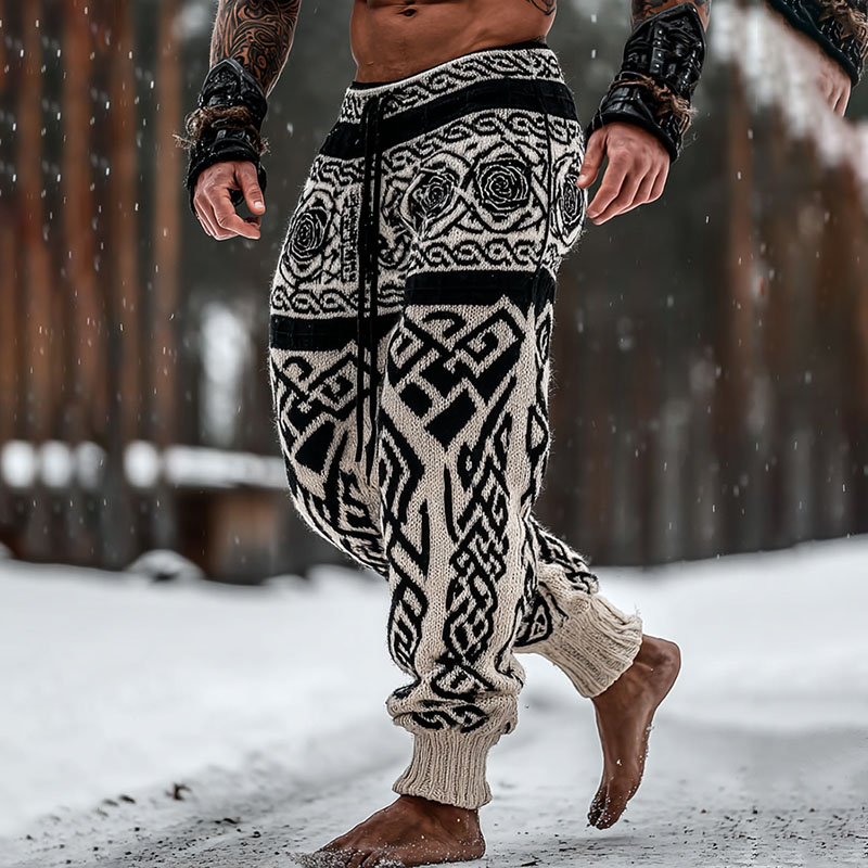 Men's Retro Viking Celtic Knot And Rose Art Knitted Jacquard Thermal Pants