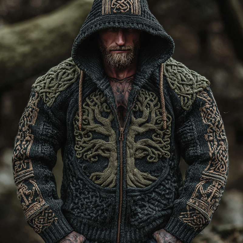 Men's Viking Tree Of Life Celtic Art Knit Hooded Zip-up Sweater
