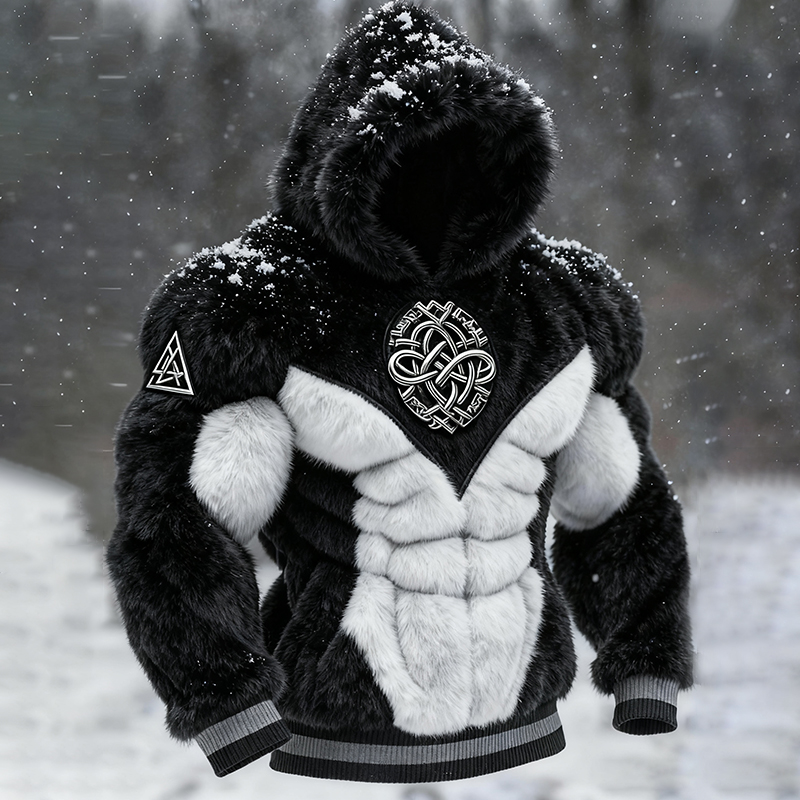 Men's Viking Tribal Jacquard Celtic Muscle Line Inspired Art Plush Warm Hoodie