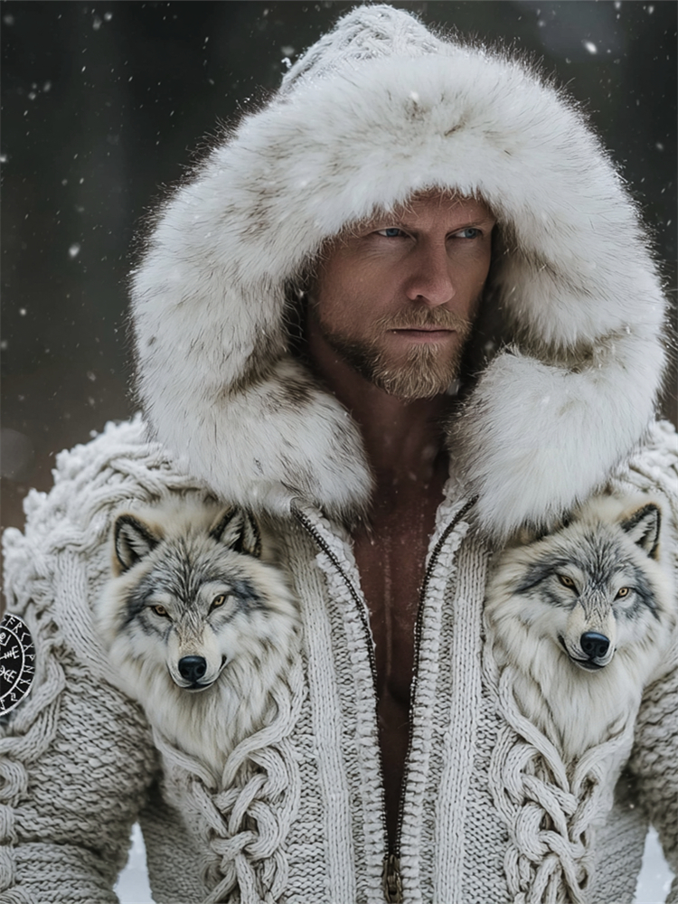 Men's Viking Vegvisir Wolves Celtic Cozy Fur Trim Hooded Cardigan