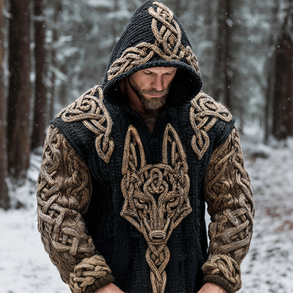 Viking Hellhound Celtic Knot Art Men's Hooded Knit Sweater