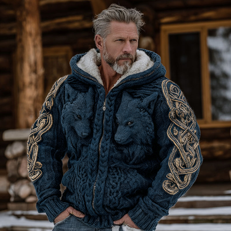 Men's Viking Celtic Knot Wolf Art Cozy Knit Hooded Sweater Jacket
