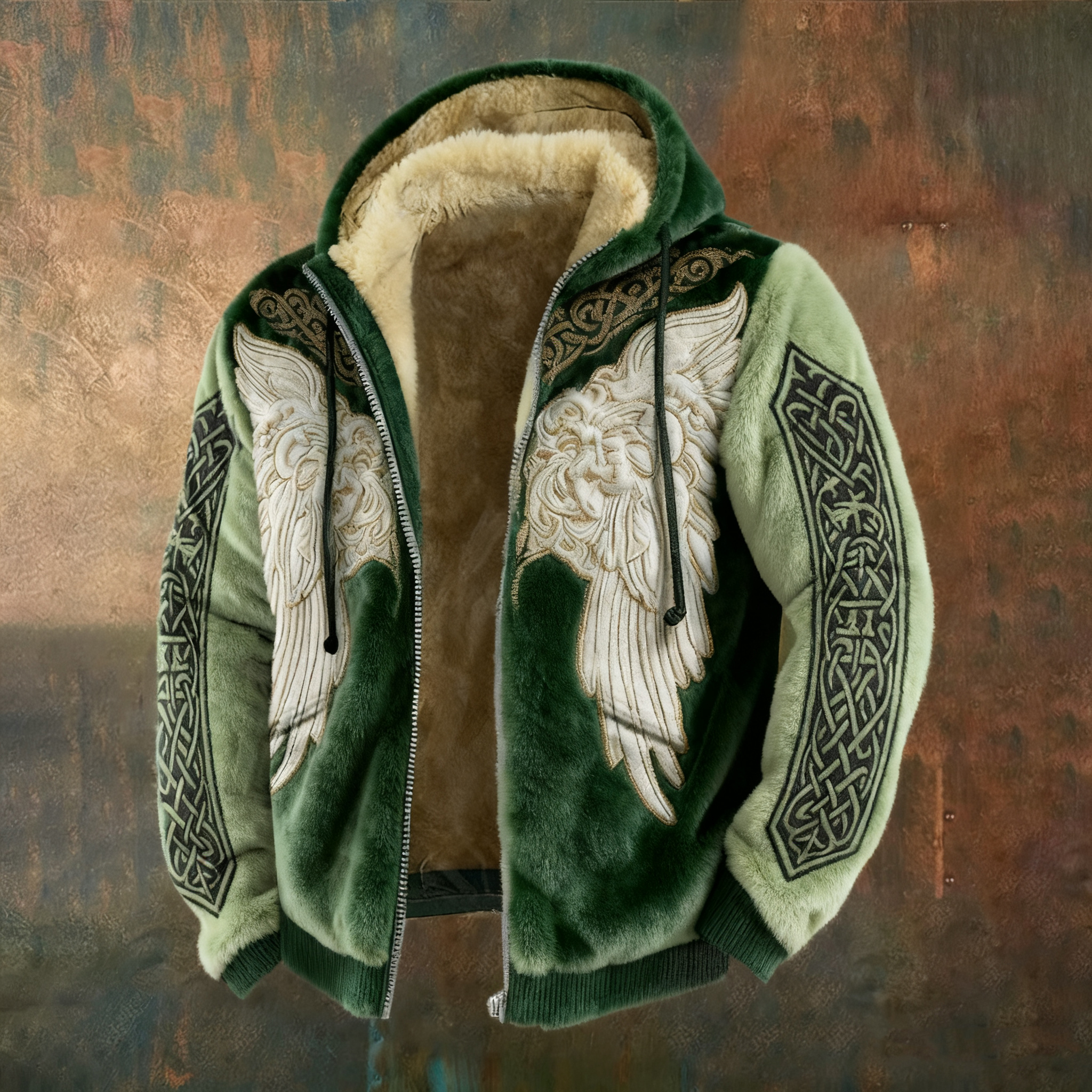 Men's Retro Celtic Knot And Wing Art Plush Coat