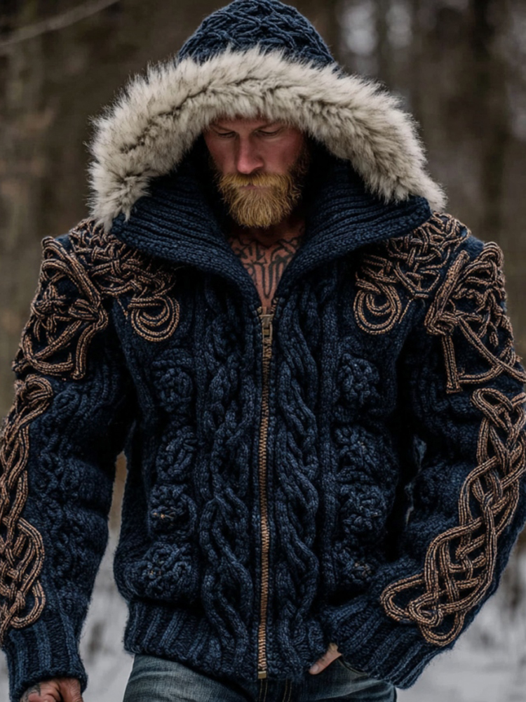 Men's Viking Celtic Knot Art Cozy Fur Collar Knit Hooded Sweater Jacket