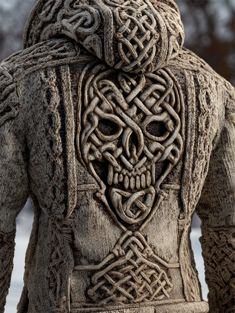 Men's Viking Celtic Skull Cozy Chunky Hooded Sweater