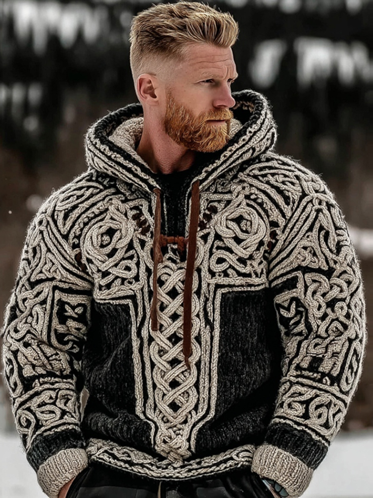 Men's Viking Celtic Knot Color Block Cozy Casual Hooded Sweater