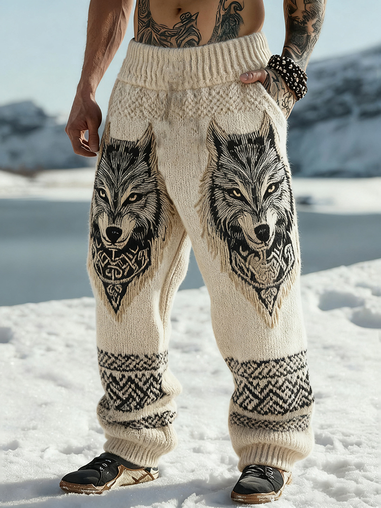 Men's Viking Wolf Celtic Knot Art Wide Leg Warm Knit Pants
