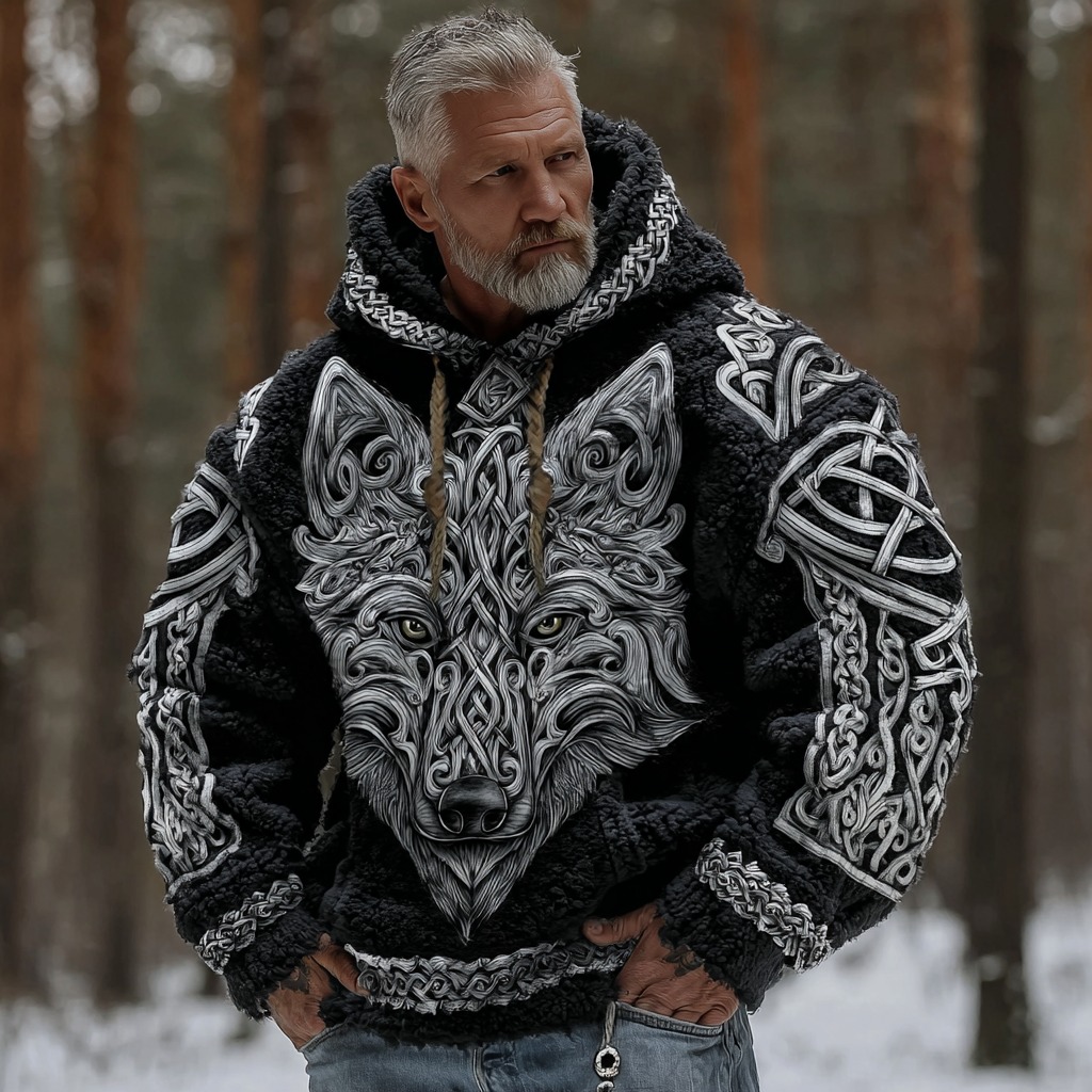 Men's Viking Wolf Celtic Knot Pattern Inspired Art Plush Warm Fleece Hoodie