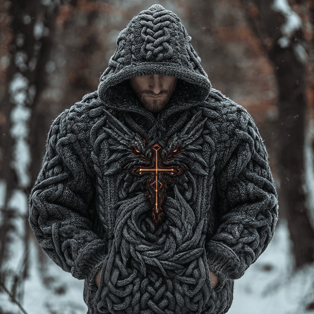 Men's Viking Celtic Dragon Chunky Hooded Sweater