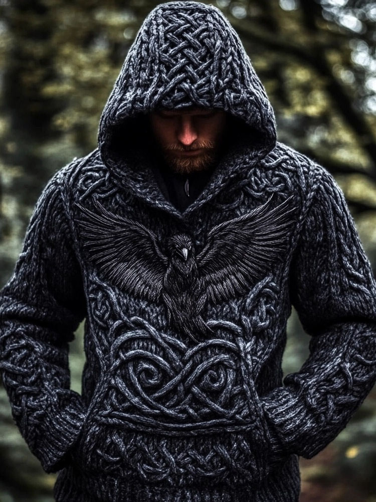 Men's Viking Raven Inspired Celtic Chunky Hooded Sweater