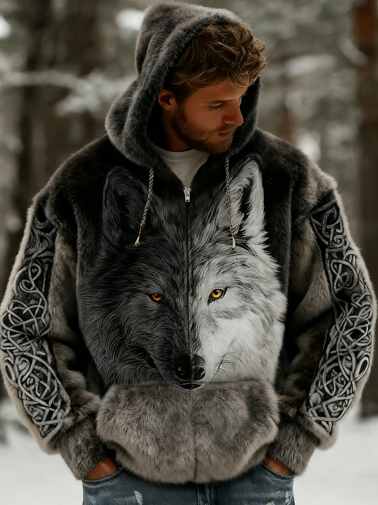 Men's Viking Celtic Knot Wolf Art Plush Cozy Warm Zipped Hooded Jacket