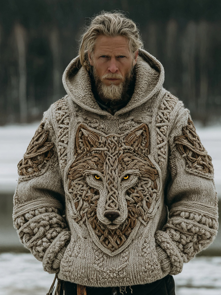 Men's Vintage Viking Wolf Art Cozy Knit Hooded Sweater