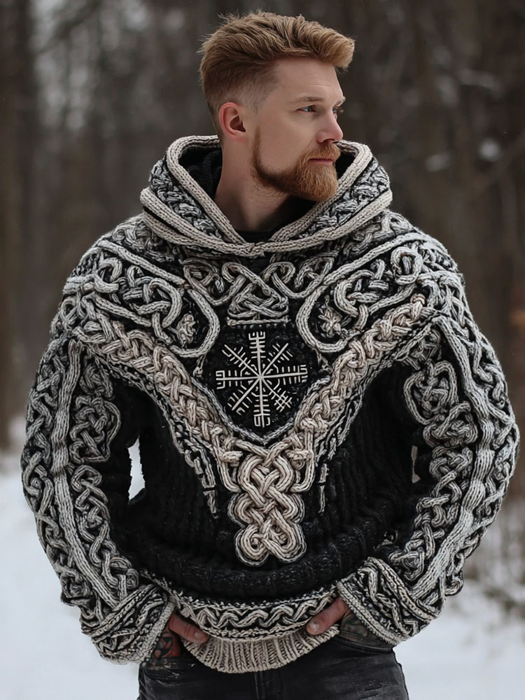 Vintage Viking Celtic Knot Rune Art Knitted Hooded Sweater