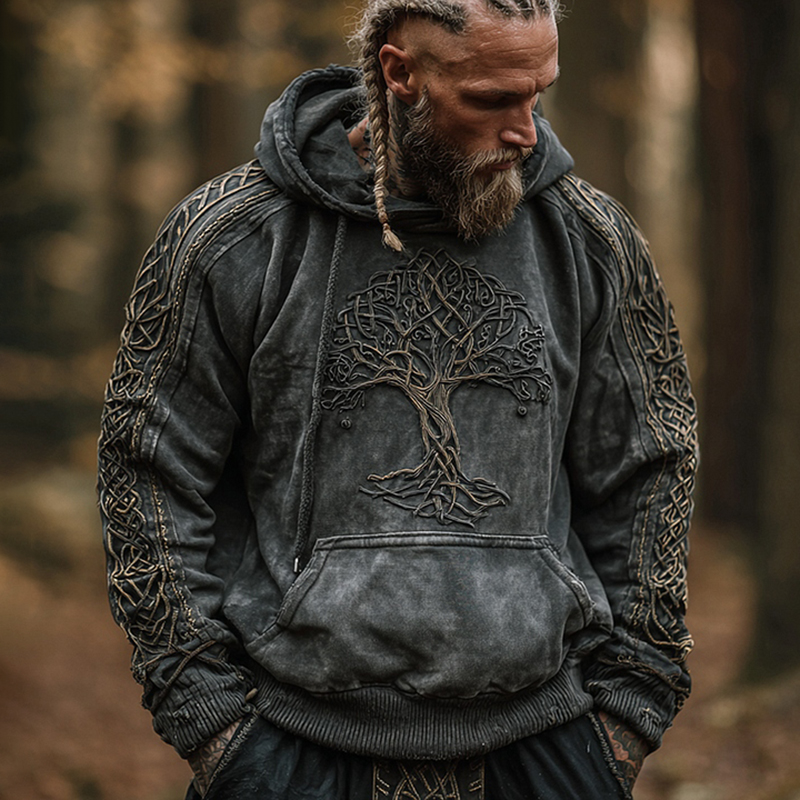 Nordic Viking Inspired Yggdrasill Retro Print Casual Long-sleeve Hoodie