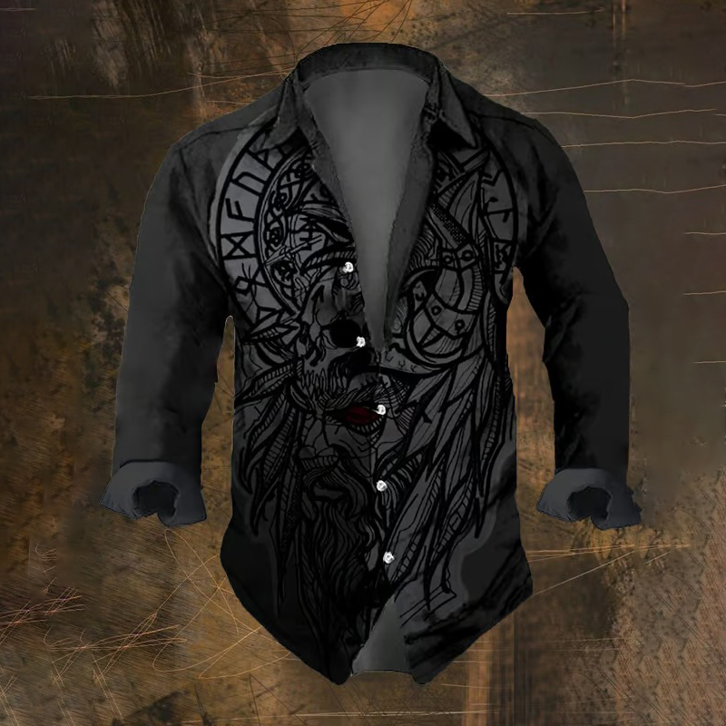 Men's Vintage Viking Print Long Sleeve Shirt