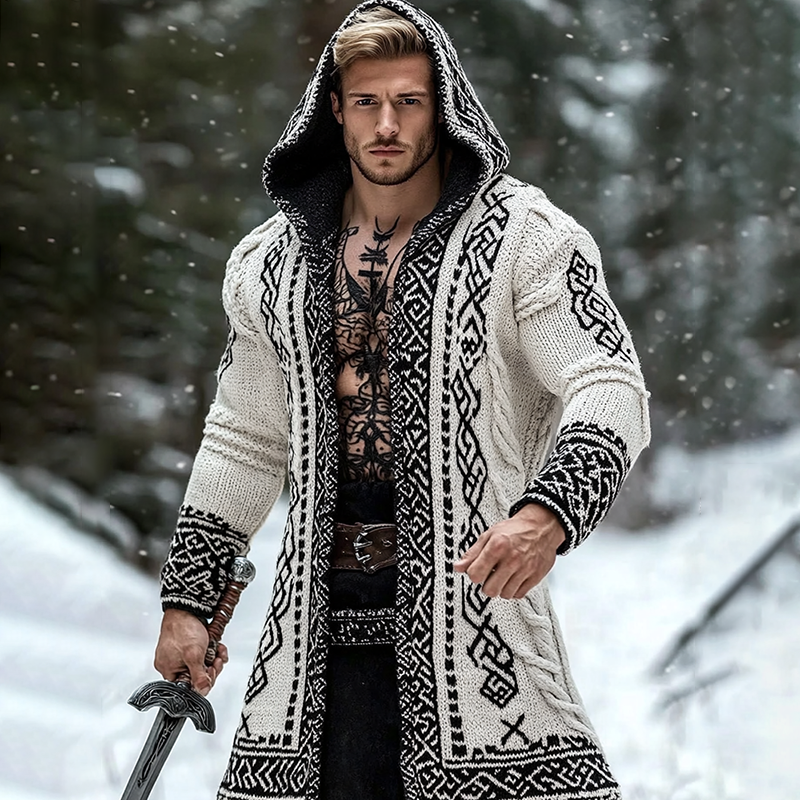 Men's Viking Tribal Pattern Jacquard Celtic Cozy Cardigan Sweater