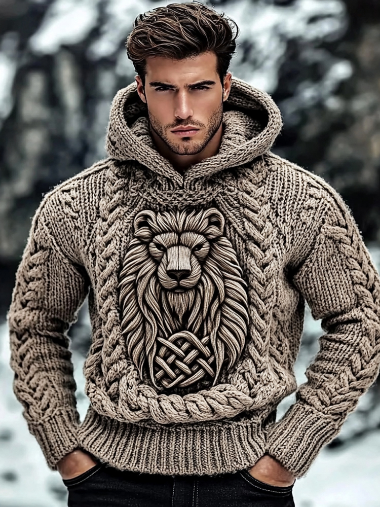 Men's Vintage Viking Lion Jacquard Knit Hooded Sweater