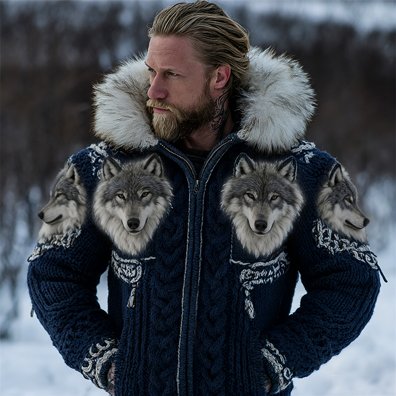 Men's Fuzzy Wolves Viking Celtic Cozy Fur Trim Hooded Cardigan